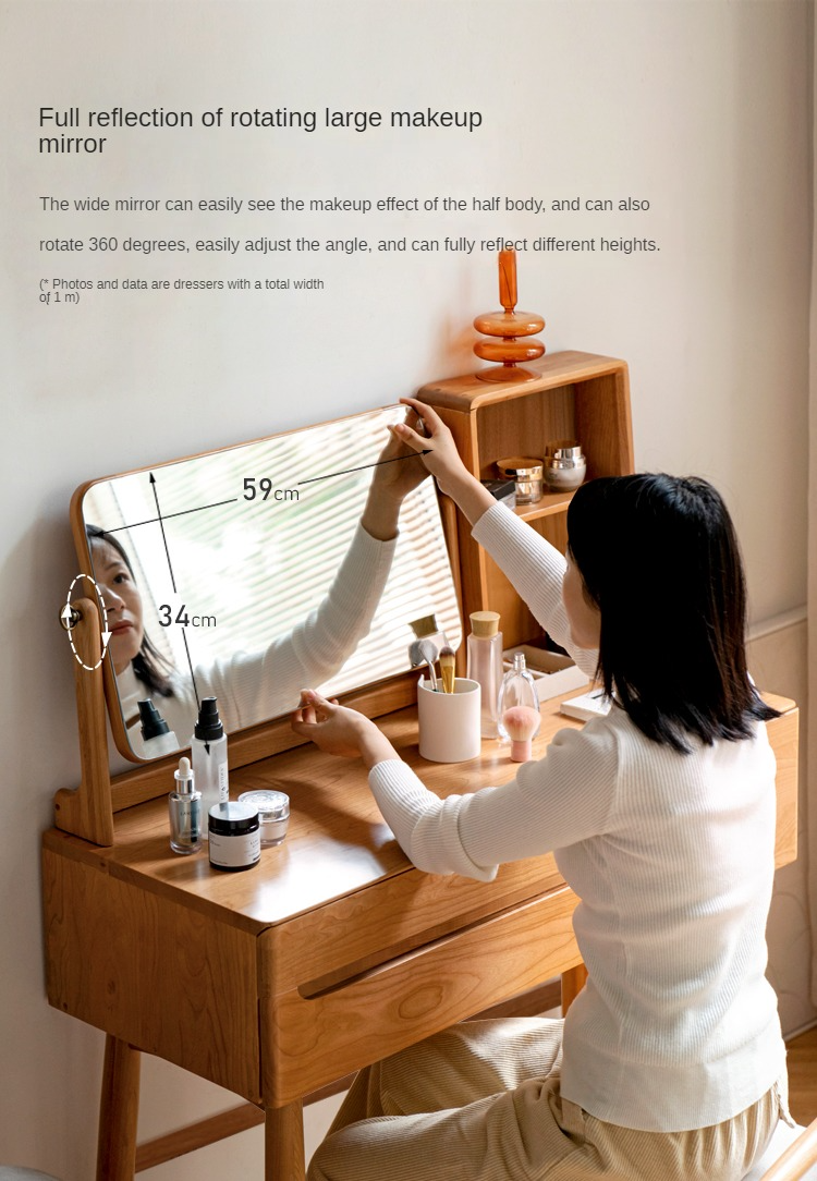 Cherry Solid Wood Dressing Table Nordic Makeup Mirror.