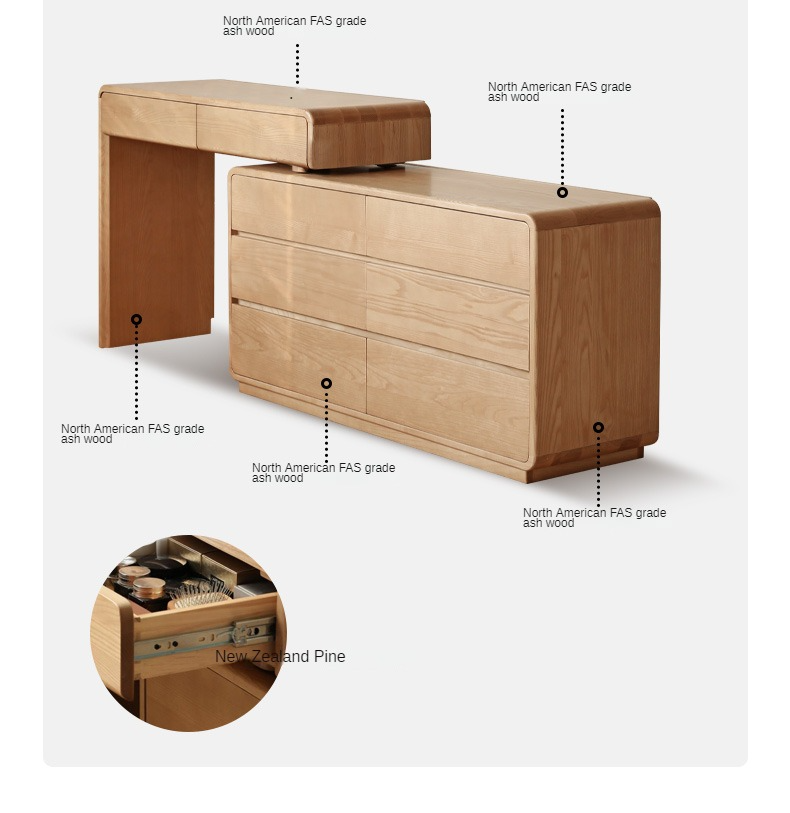 Ash Solid Wood Telescopic Vanity Table Integrated Storage.