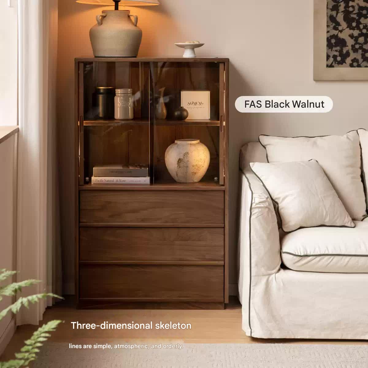 Black Walnut Solid Wood Wabi-Sabi Style Floor Side Cabinet.