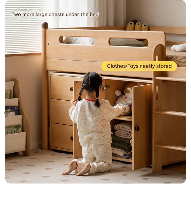 Beech Nordic Children's Solid Wood Loft Bed, Modern Minimalist Multifunctional Combination Bed with Table