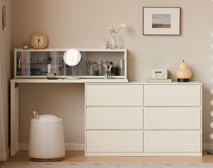 Solid Rubberwood Cream Style Vanity Table Integrated Drawer.