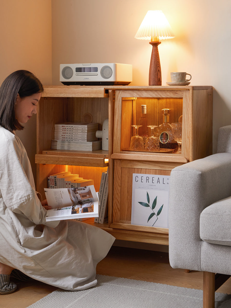 Oak, Сherry, Ash Solid Wood Four-Door Bookcase with Light, Magazine Cabinet.
