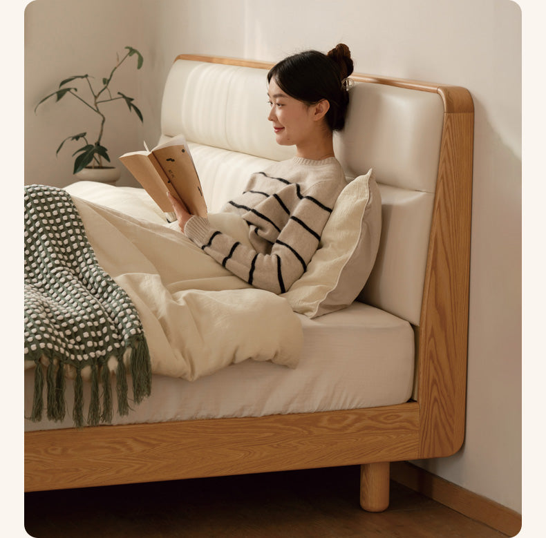 Oak, Ash Solid Wood Genuine Leather Soft Bed