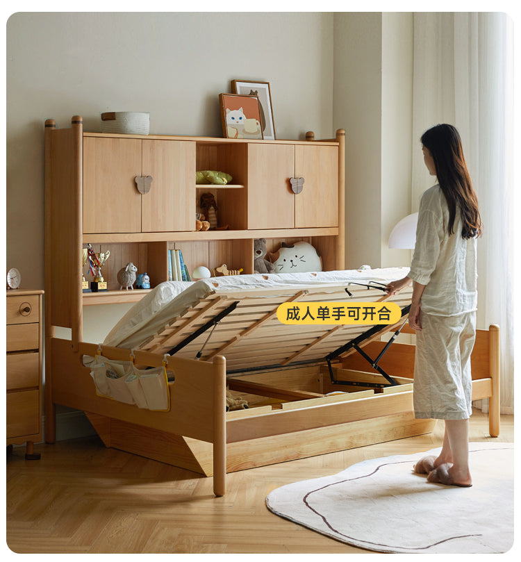 Oak Solid Wood Kids Storage Bed with Built-In Bookcase Headboard and Lift Storage