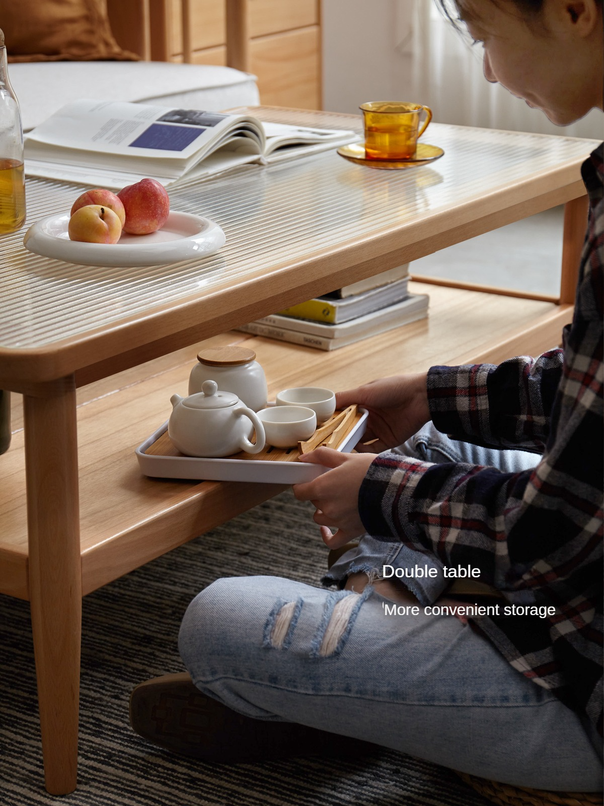 Beech Solid Wood Glass Coffee Table Nordic