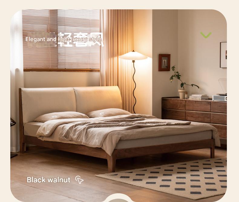 Rubberwood Solid Wood Upholstered Platform Bed with Cushioned Headboard, White