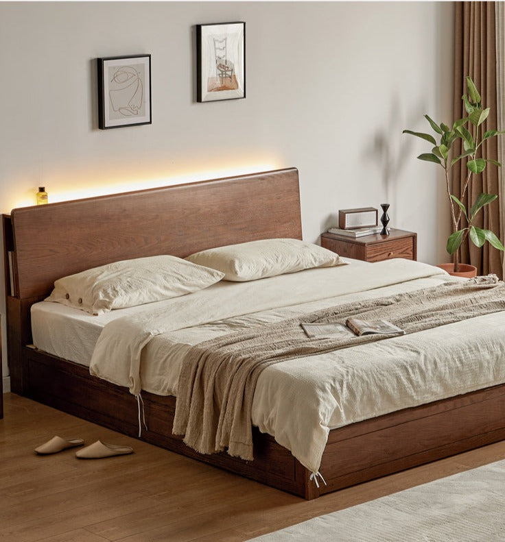 Oak, Rubberwood Solid Wood, Multifunctional Storage Box Bed