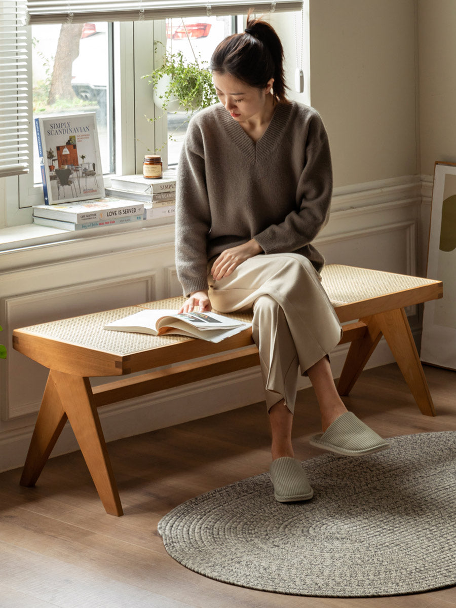 Cherry Solid Wood Rattan Retro Dining Bench