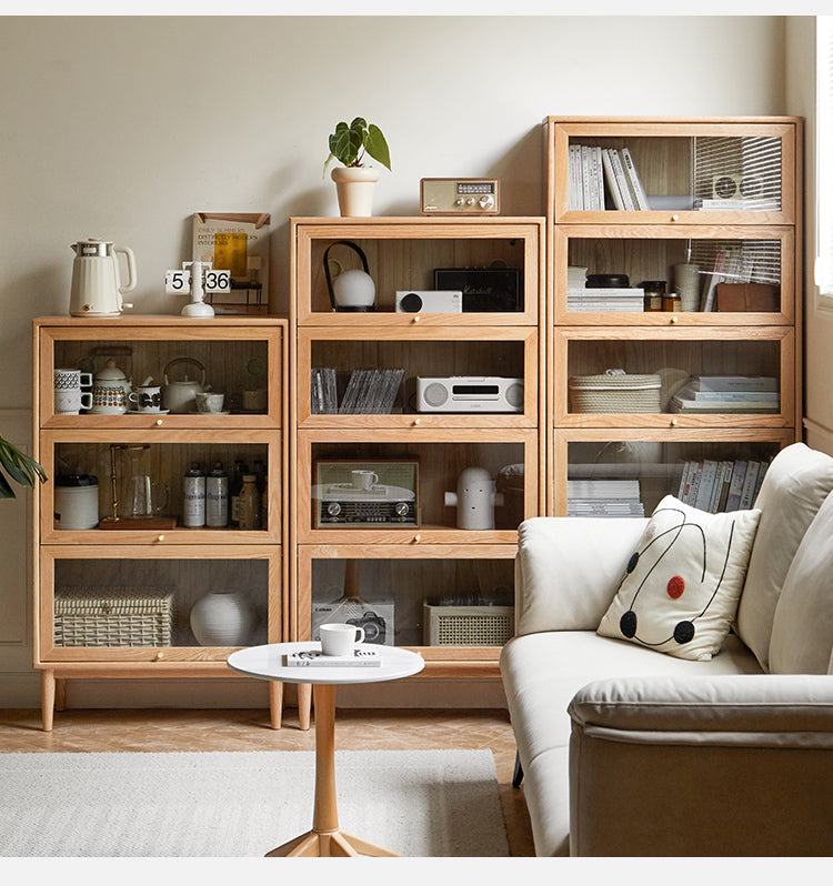 Solid Rubberwood, Oak Solid Wood Multi layer Flip Door Glass Bookcase