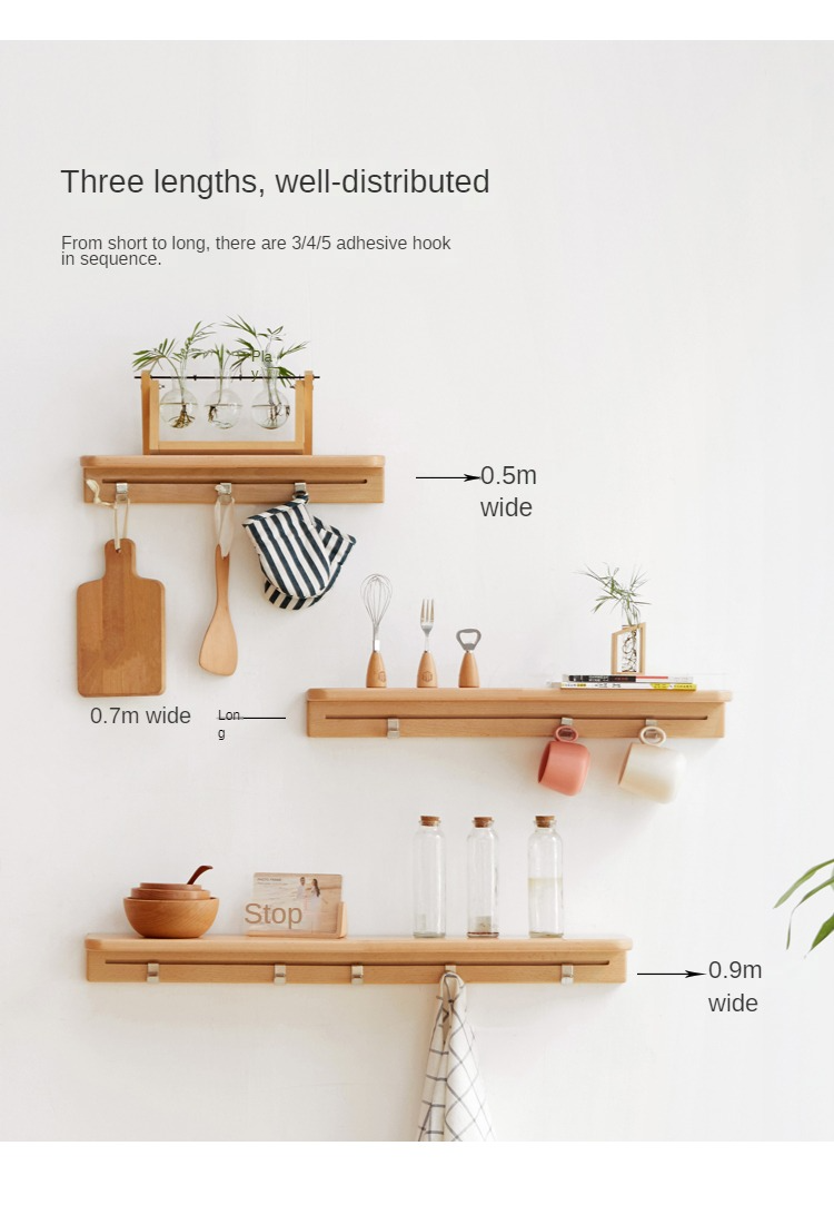 Beech Solid Wood Wall Shelf With Hooks