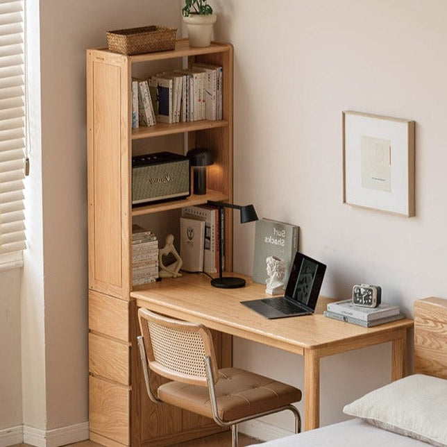 Oak Solid Wood Desk with Bookshelf and Drawer