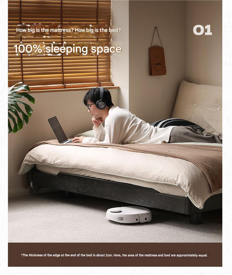 Oak, Rubberwood, Ash Solid Wood Suspended Platform Bed, Headboard-Free Bed Black with Light