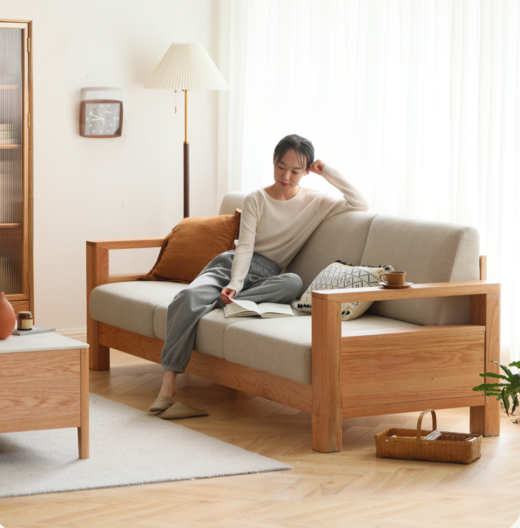 Solid Rubberwood, Oak Solid Wood Cotton Fabric Sofa