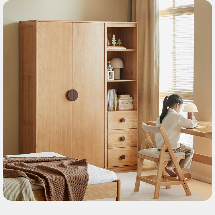 Oak Solid Wood Children's Wardrobe, Bookcase Combination