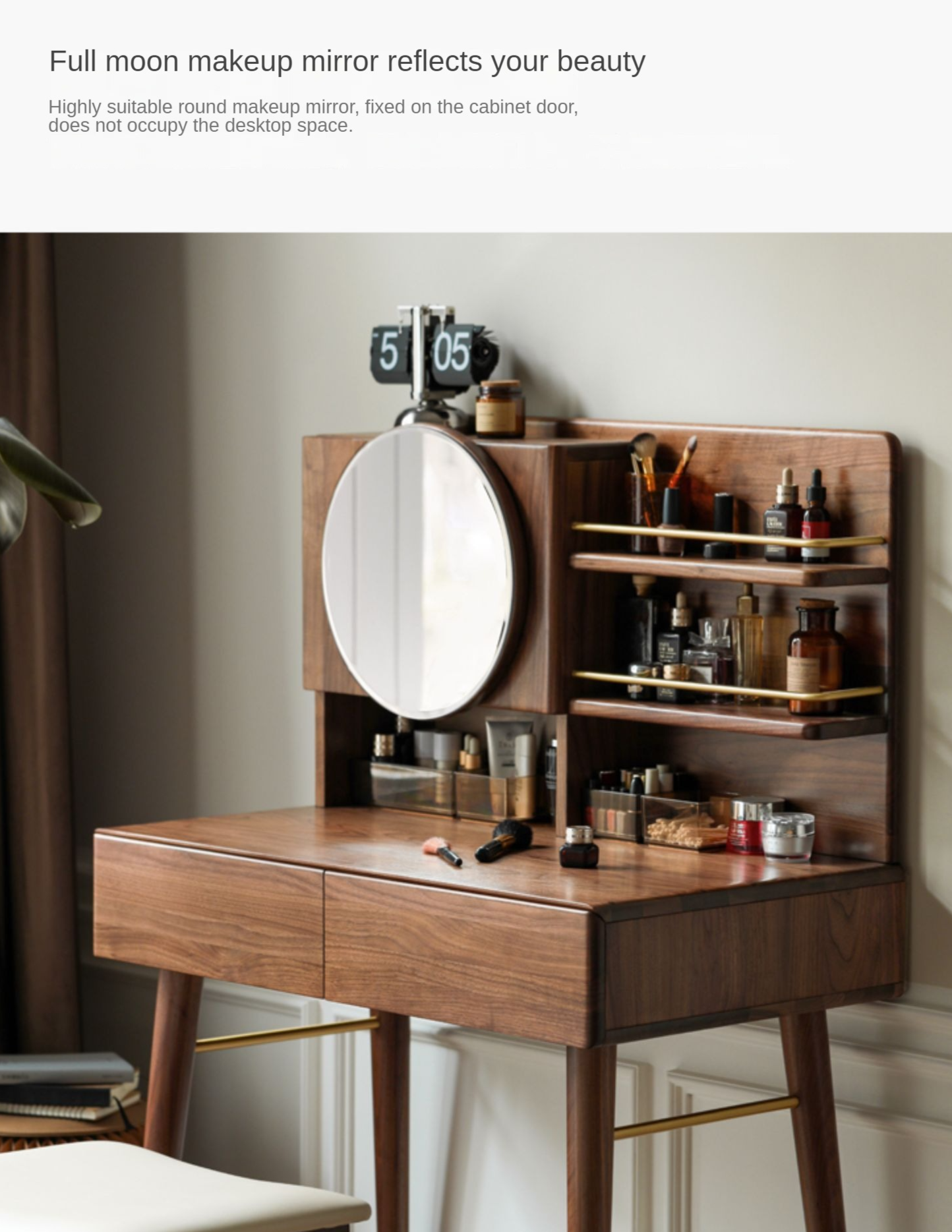 Black Walnut, Sandalwood Solid Wood Moon Makeup Mirror Vanity Table.