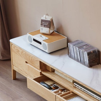 Solid Rubberwood, Oak Solid Wood TV Stand Slate Top.