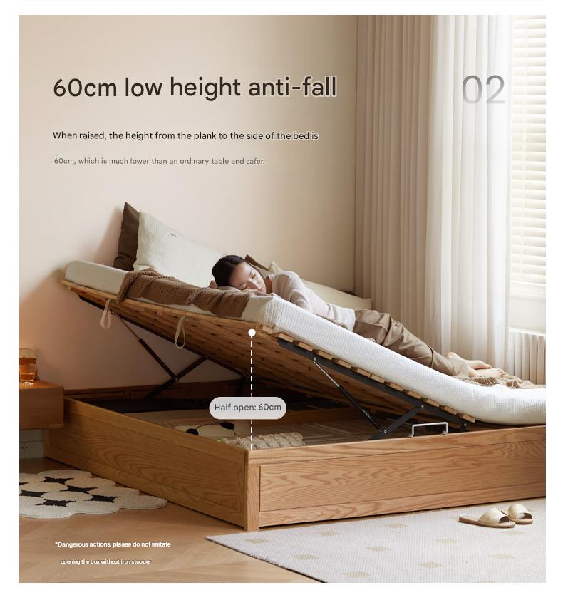 Oak, Rubberwood Solid Wood Platform Bed, Headboard-Free Box Bed