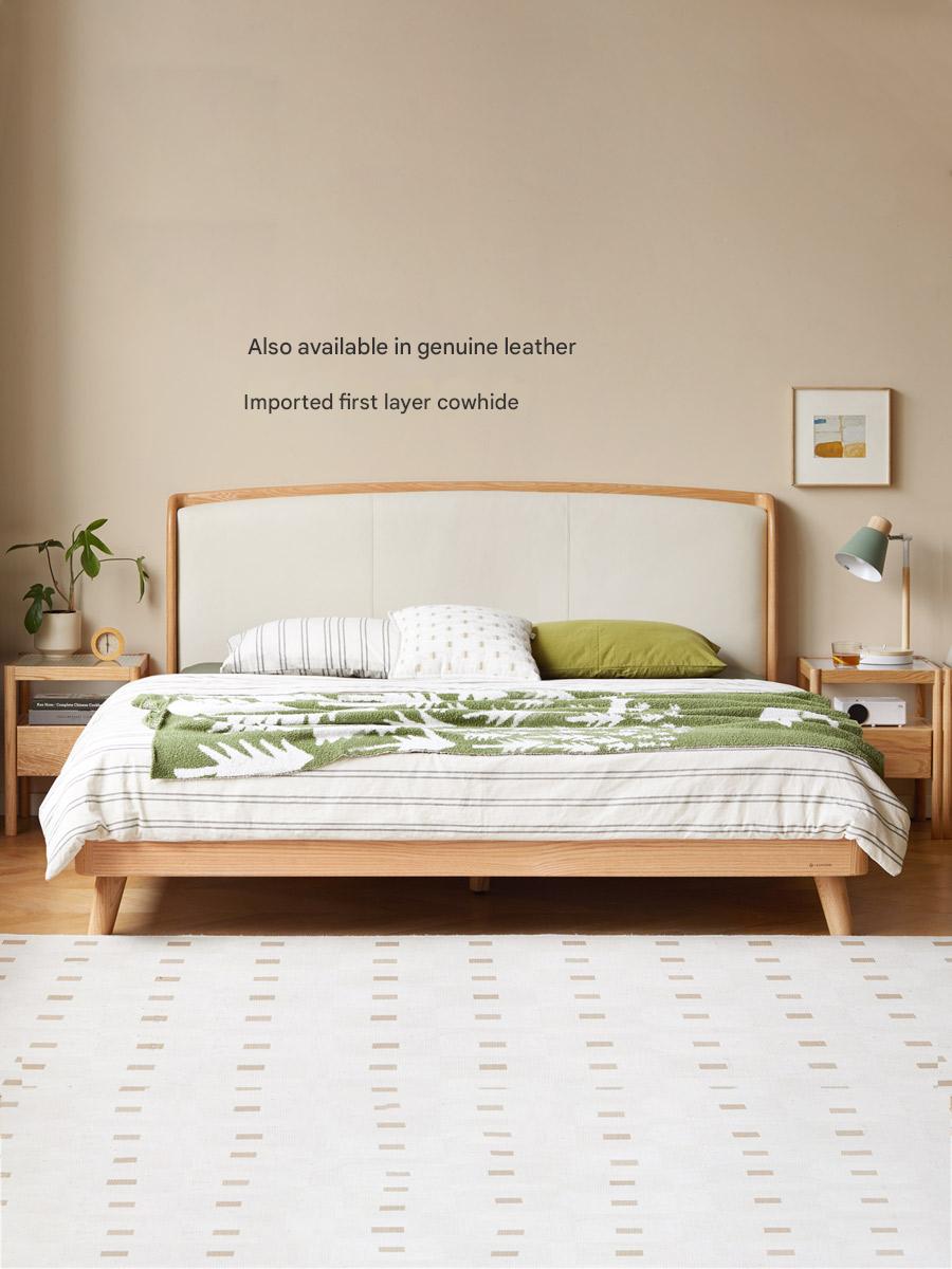 Oak, Black Walnut Solid Wood Bed — Simple Design with Genuine Leather Soft Headboard