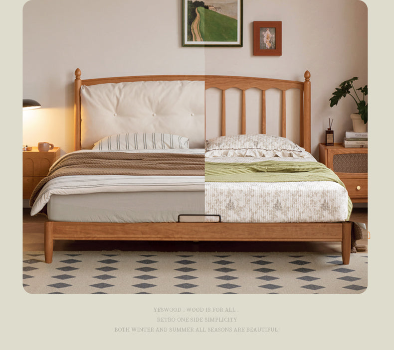 Cherry Solid Wood Soft Retro Bed