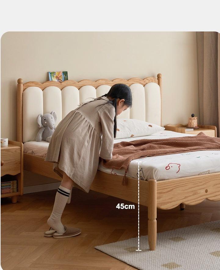 Oak solid wood Milky white kids upholstered bed with soft headboard<