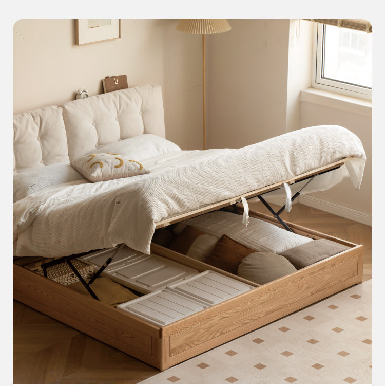 Oak Solid Wood Fabric Box Bed Cream Style