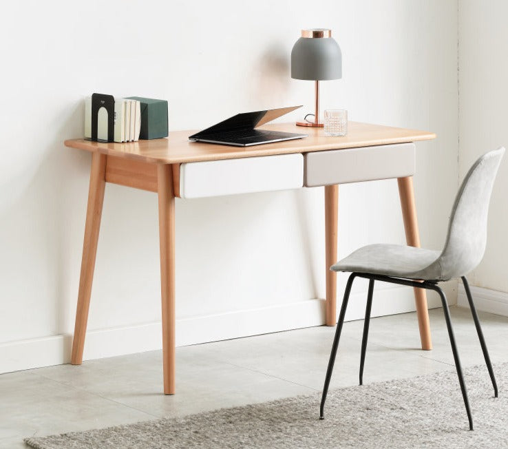 Beech Solid Wood Office Desk with 2 Drawers
