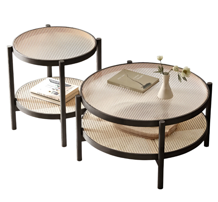 Oak Solid Wood, Glass, Rattan Coffee Table