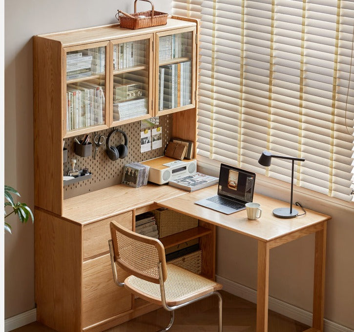 Oak Solid Wood Desk Bookcase Integrated Corner Office Table