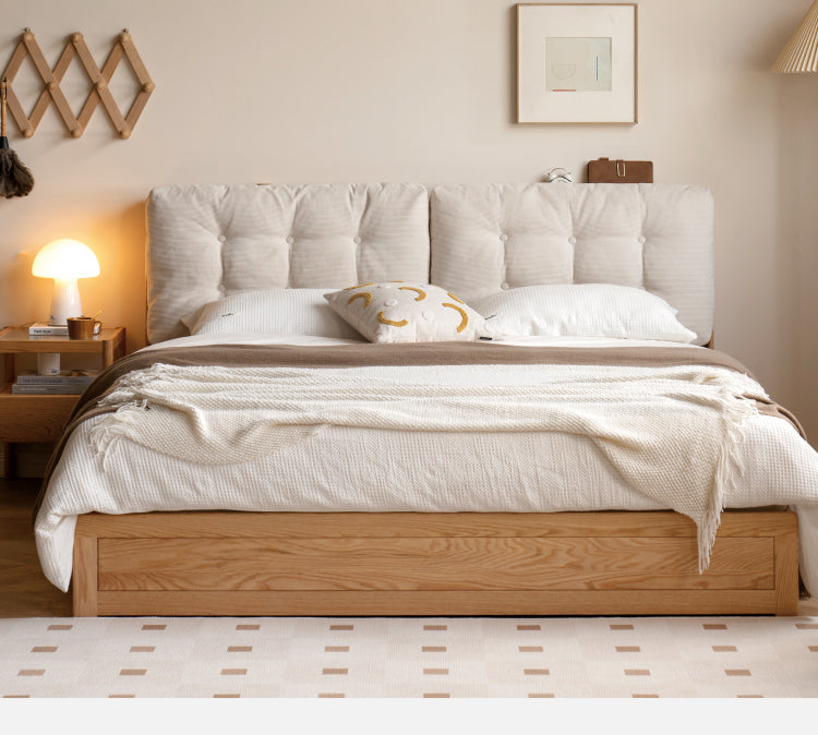Oak Solid Wood Fabric Box Bed Cream Style