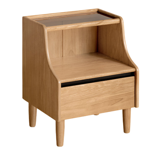 Solid RubberWood, Oak Solid Wood Nightstand with Glass Door with Storage
