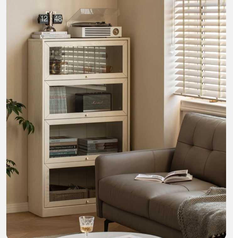 Oak Solid Wood Bookcase Cream Flip Door Glass Display Cabinet