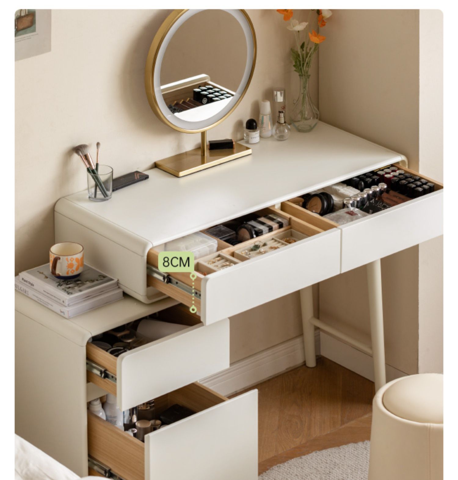 Poplar, Solid Rubberwood Milky Telescopic Dressing Table.