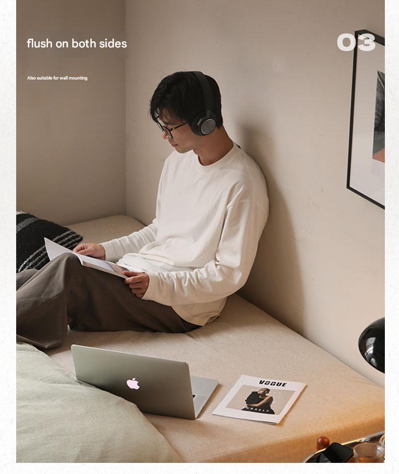 Oak, Rubberwood, Ash Solid Wood Suspended Platform Bed, Headboard-Free Bed Black with Light