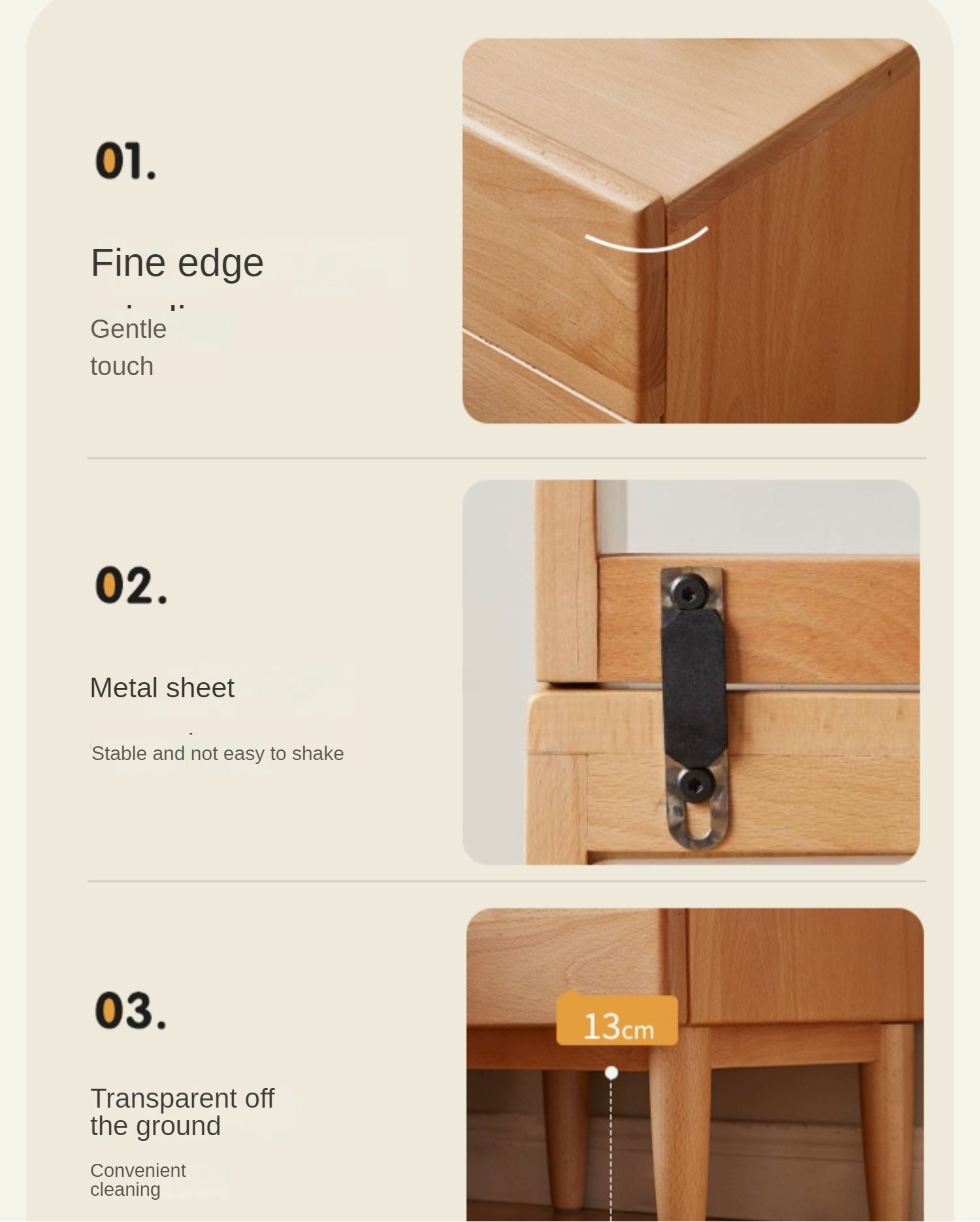 Beech Solid Wood Nightstand and Elevated Storage Rack, Bedside Bookshelf.