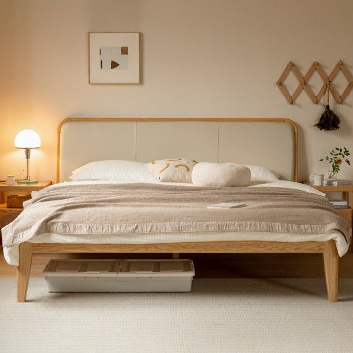 Oak Solid wood bed modern Genuine leather,Technology cloth, Fabric"