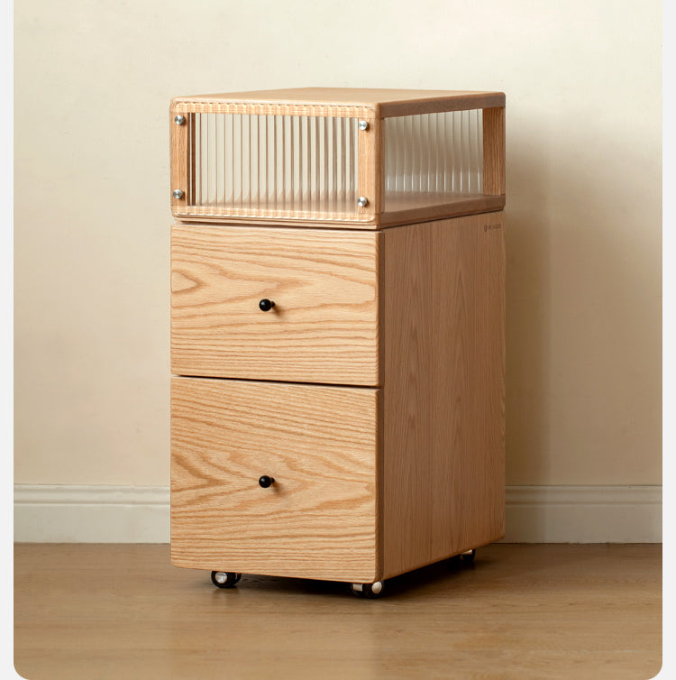 Oak Solid Wood wheel nightstand Narrow with Light)