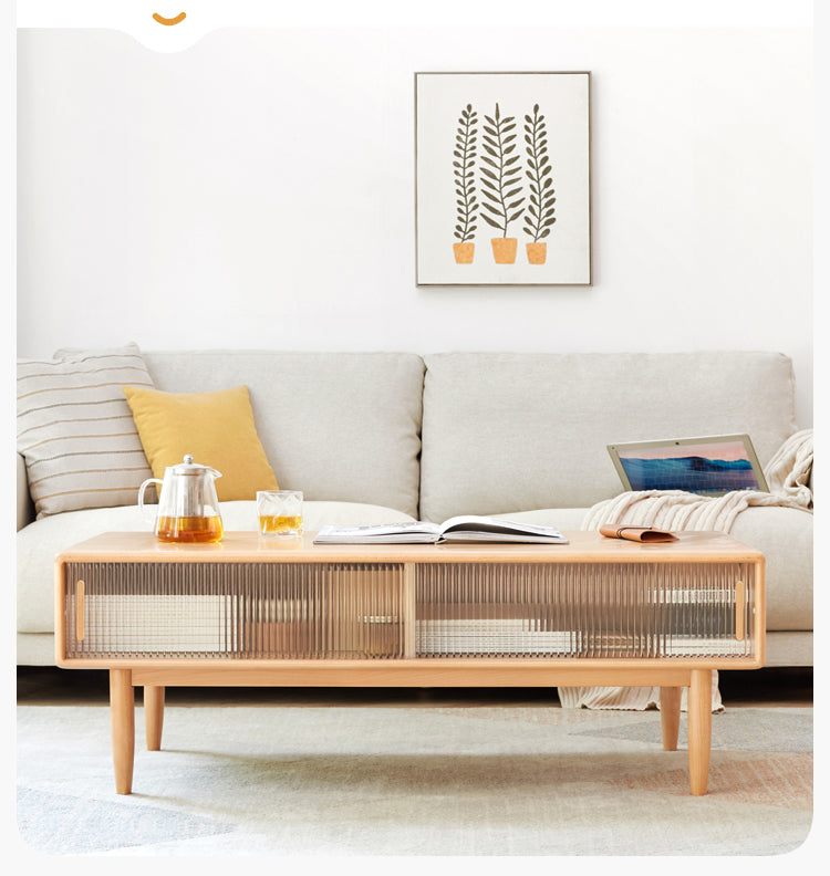 Beech Solid Wood Glass Sliding Door Coffee Table
