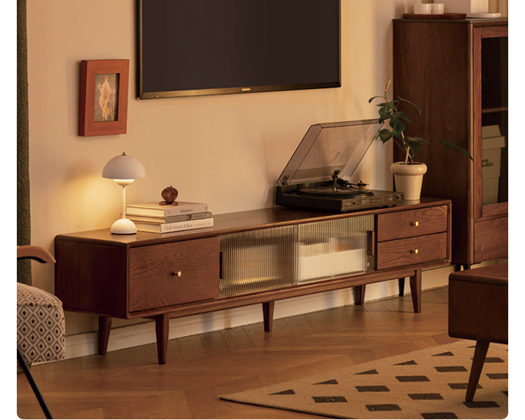 Oak, Solid Rubberwood, Beech Solid Wood TV Stand Glass Sliding Door