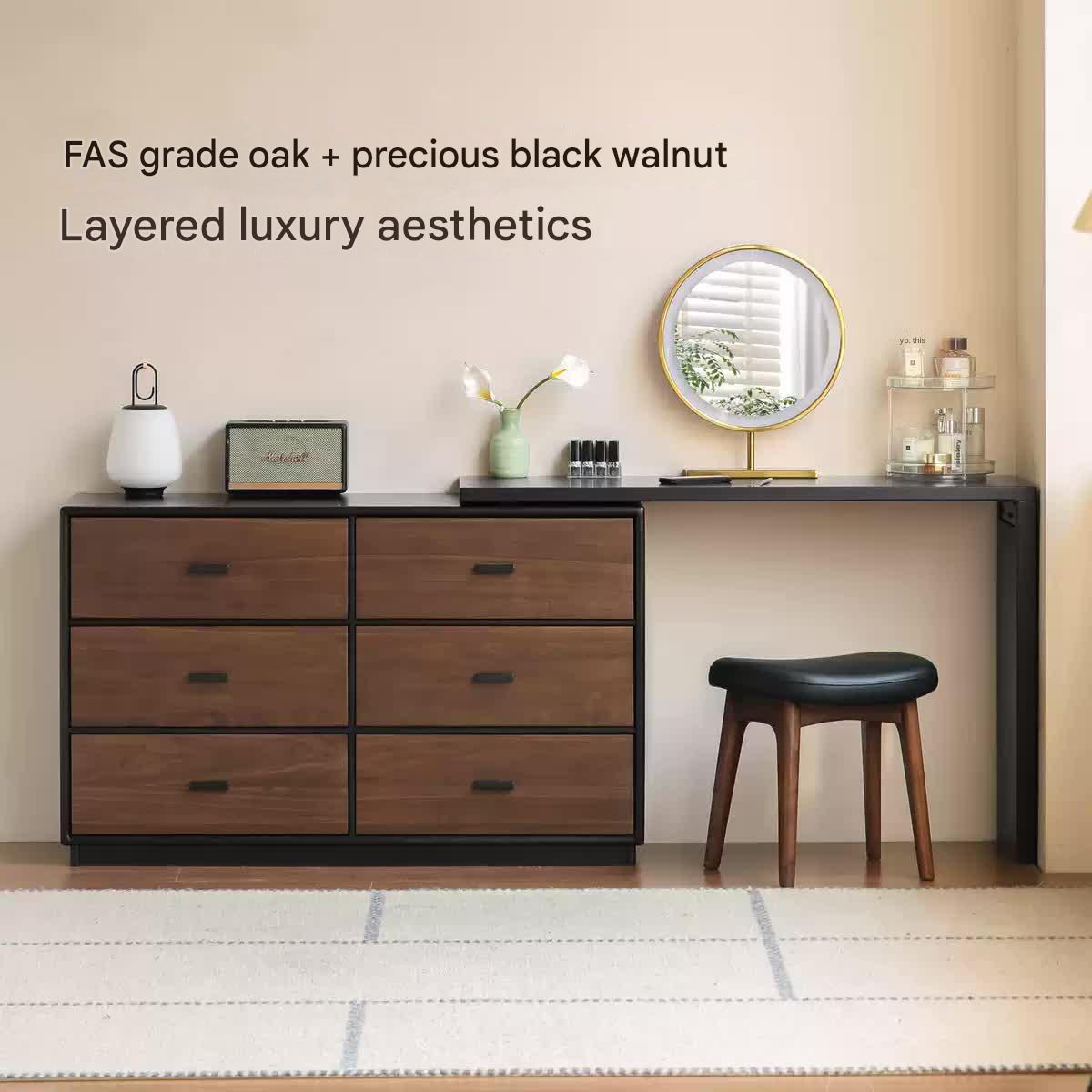 Black Walnut, Oak Solid Wood Italian Light Luxury Dressing Table.