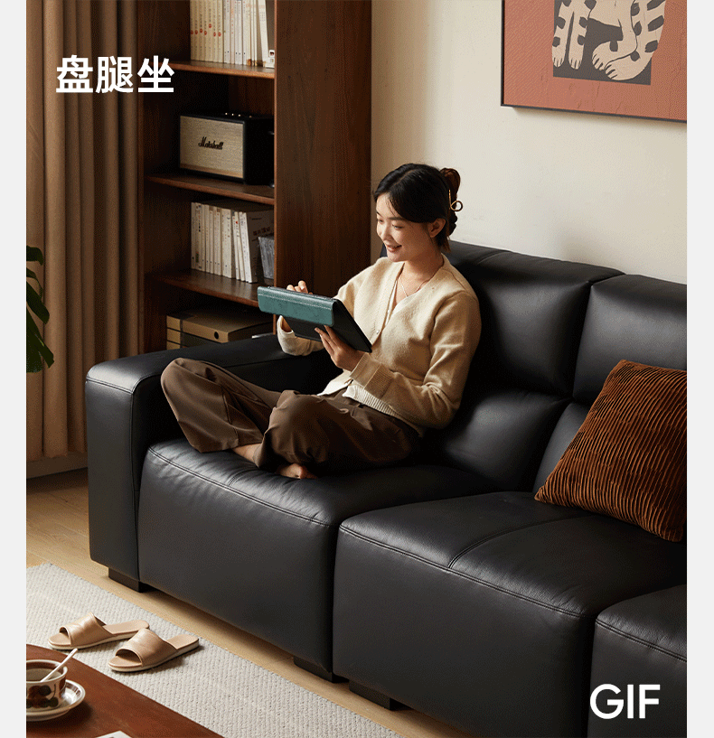 Leather Sofa First Layer Yellow Cowhide Tofu Block Leather Sofa.