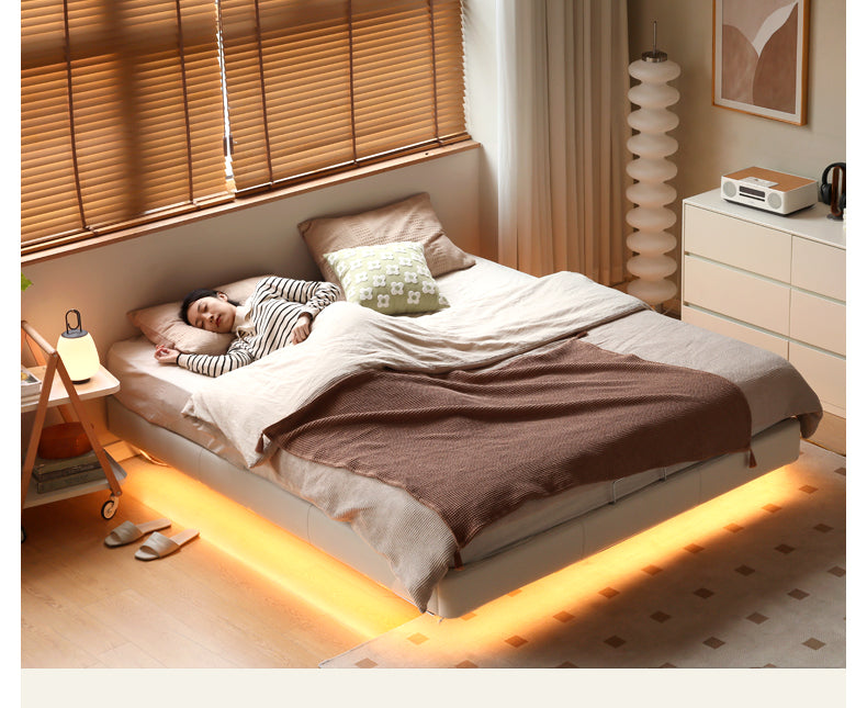 Leather platform bed, headboard-free floating bed cream style
