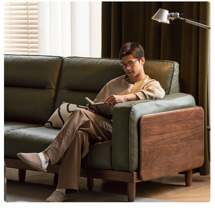 Black Walnut, Ash, Solid Sandalwood Wood Leather Top Layer Yellow Cowhide Sofa.