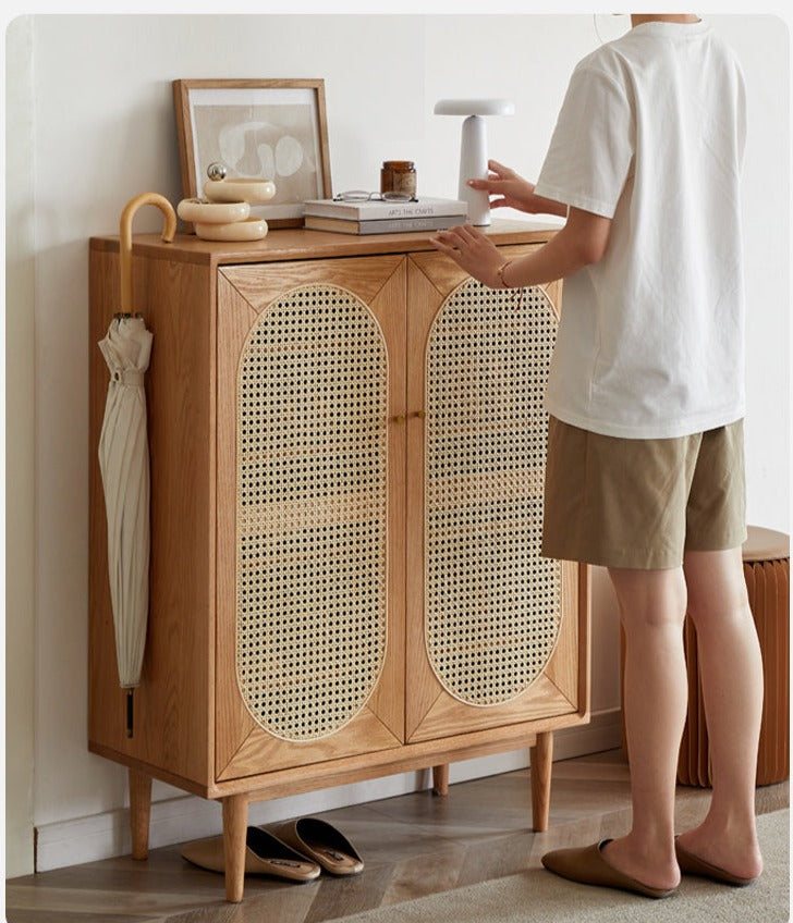 Oak Solid Wood Rattan Shoe Cabinet
