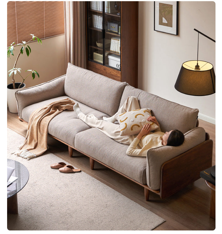 Oak Solid Wood Leather, Fabric Straight Sofa.