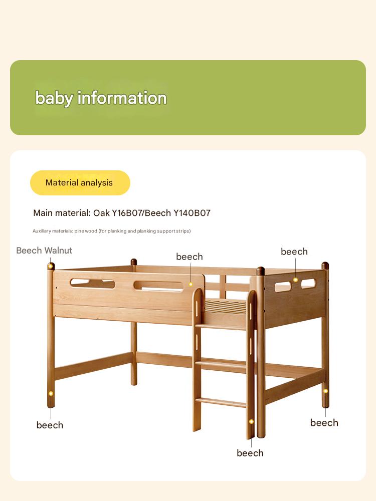Beech Nordic Children's Solid Wood Loft Bed, Modern Minimalist Multifunctional Combination Bed with Table
