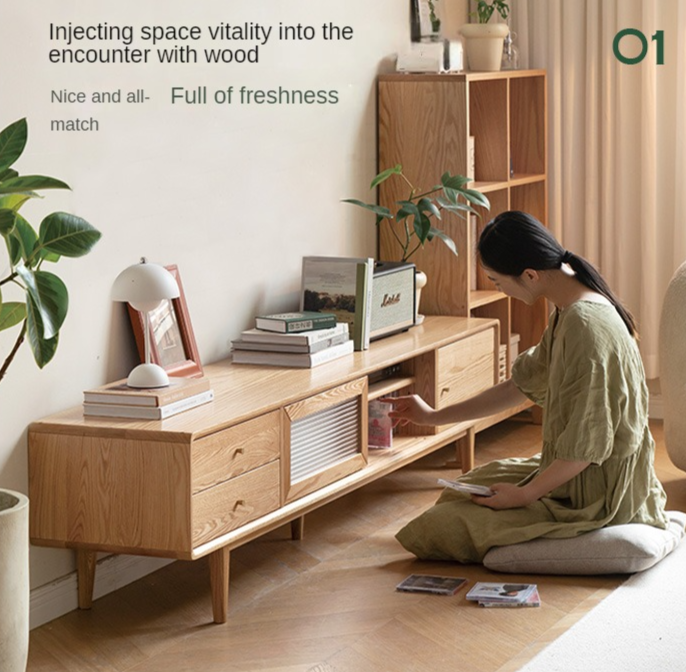 Oak, Ash Solid Wood TV Stand Sliding Door