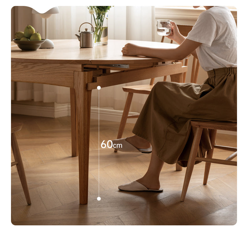 Solid Rubberwood, Oak Solid Wood Folding Round Retractable Dining Table