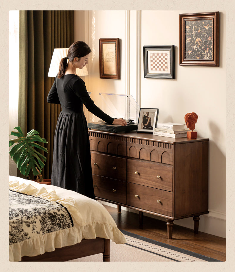 Black Walnut, Poplar, Solid Rubberwood French Retro Chest of Drawers