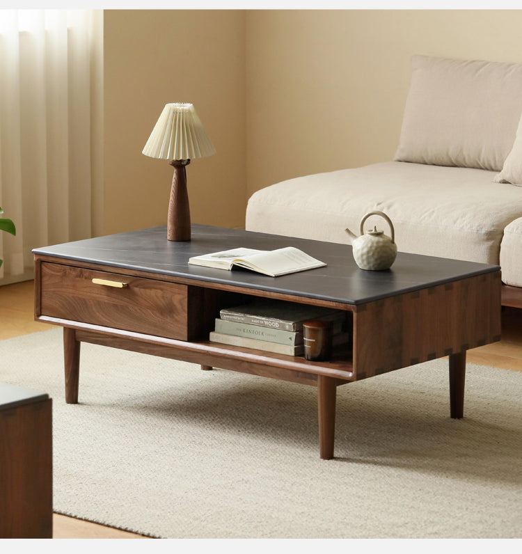 Black Walnut Solid Wood Storage Rock Plate Coffee Table