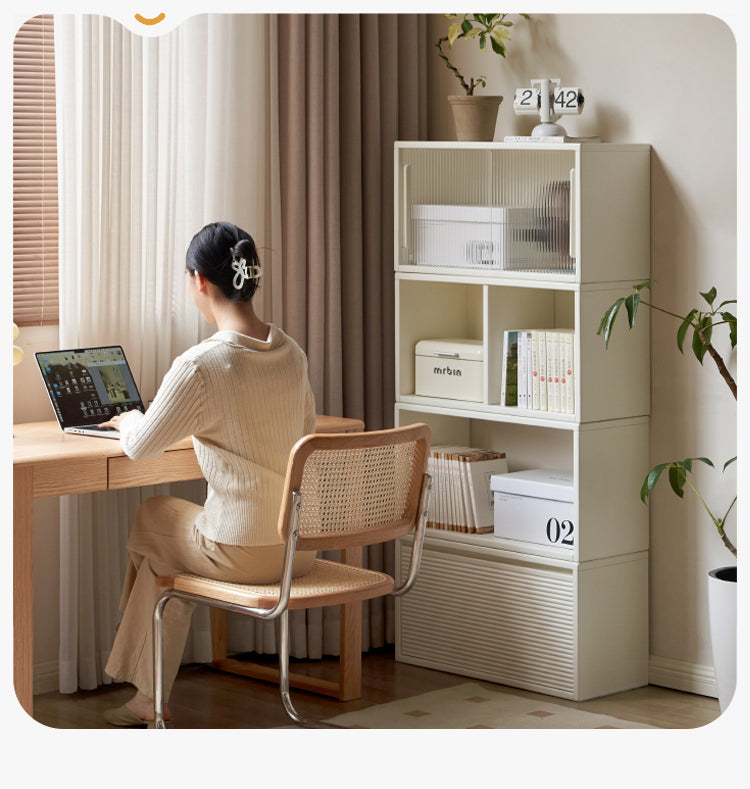 Pine Solid Wood Cream White Lattice Storage Low Bookcase